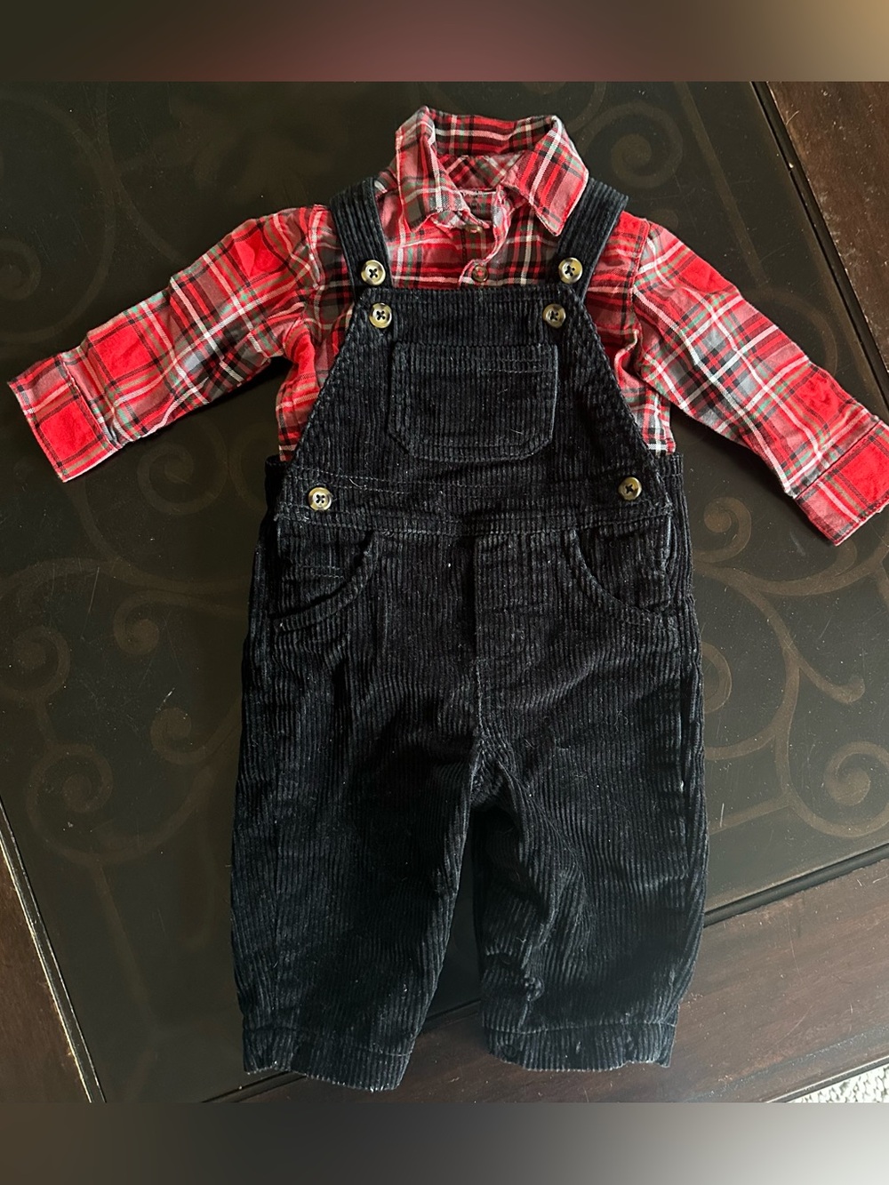 Carter's Black Corduroy Overalls with Red Plaid Shirt, Size 6 months